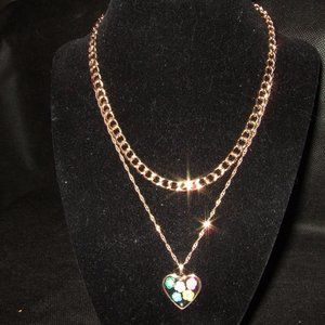 LAYERED CURB & ROPE CHAINS NECKLACE WITH HEART PENDANT